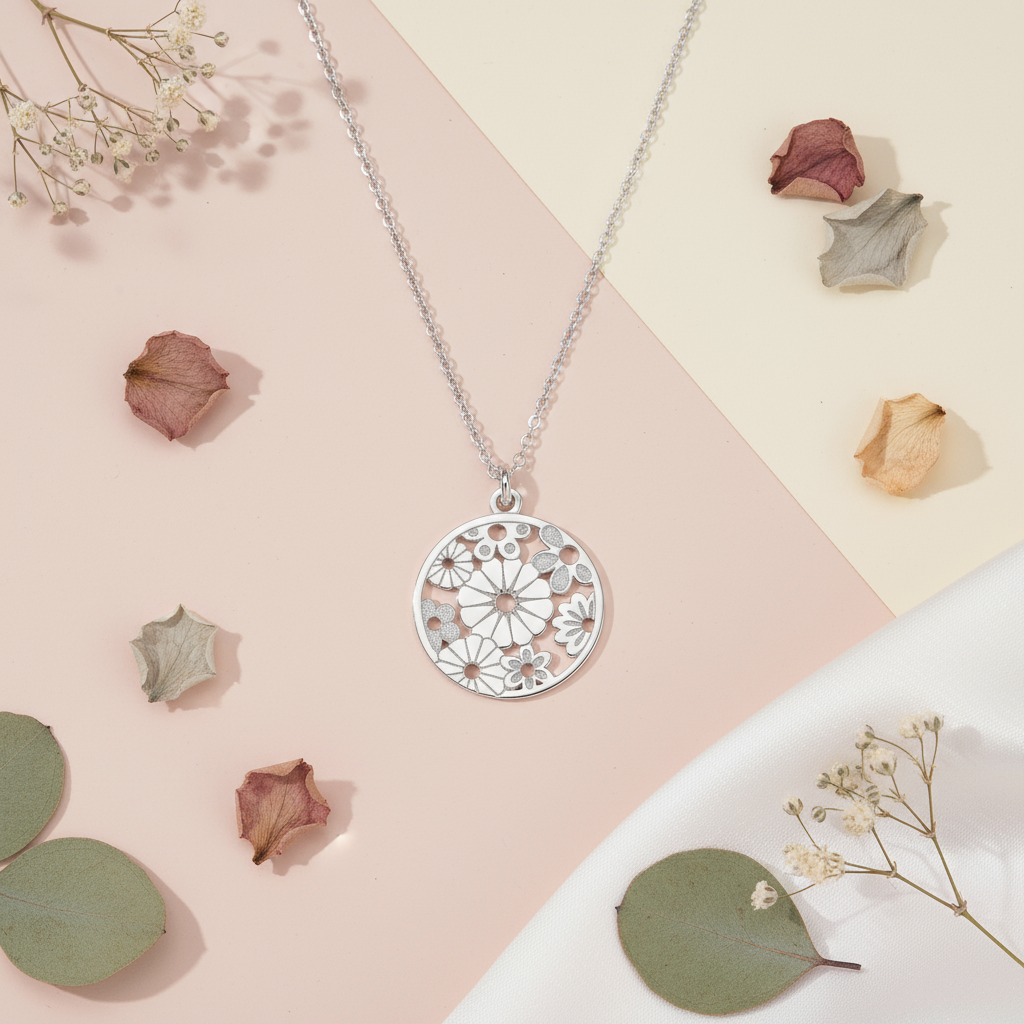 Silver necklace with a floral pendant on a pastel pink and white background with dried flowers and leaves.