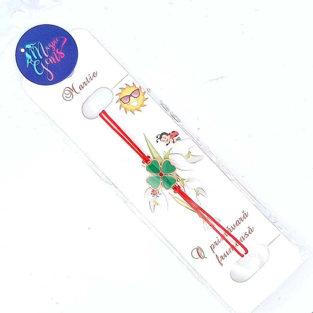 Clover Wishes' Martisor Bracelet elegantly placed on a custom card, packaged in a transparent bag ideal for a thoughtful gift.