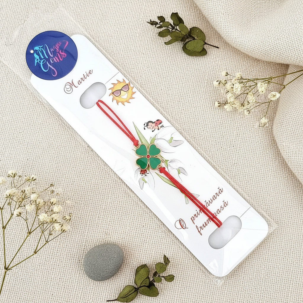 Clover Wishes' Martisor Bracelet elegantly placed on a custom card, packaged in a transparent bag ideal for a thoughtful gift.