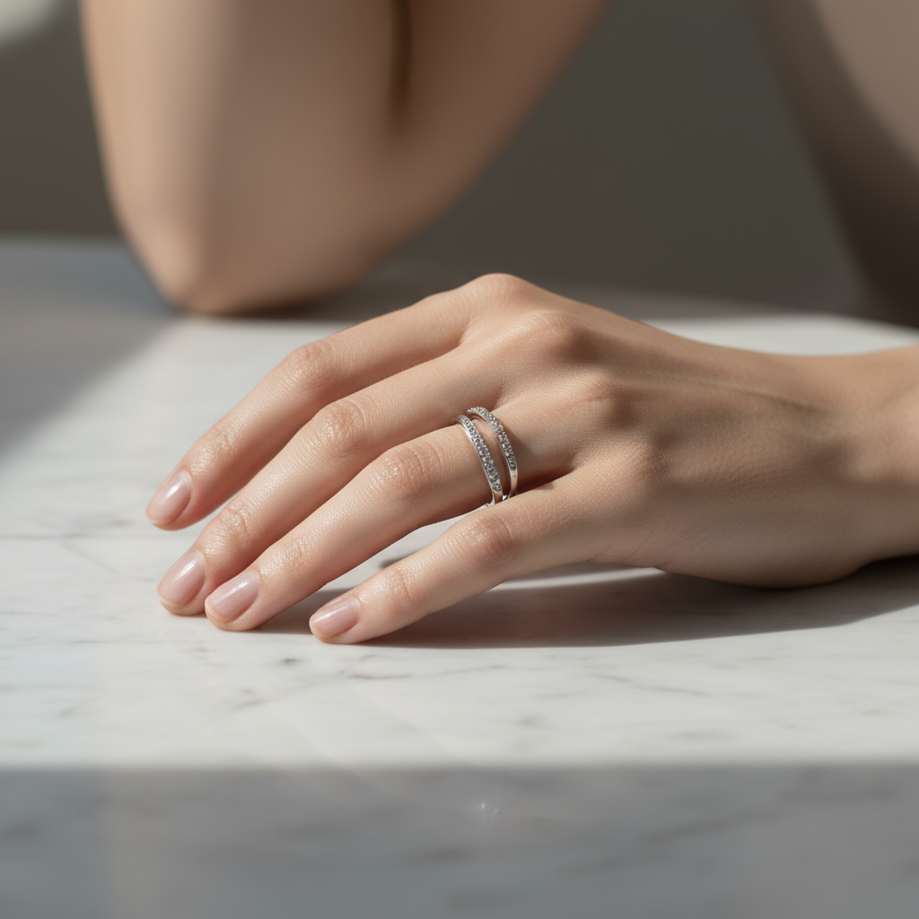 Hand wearing a silver ring on a marble surface