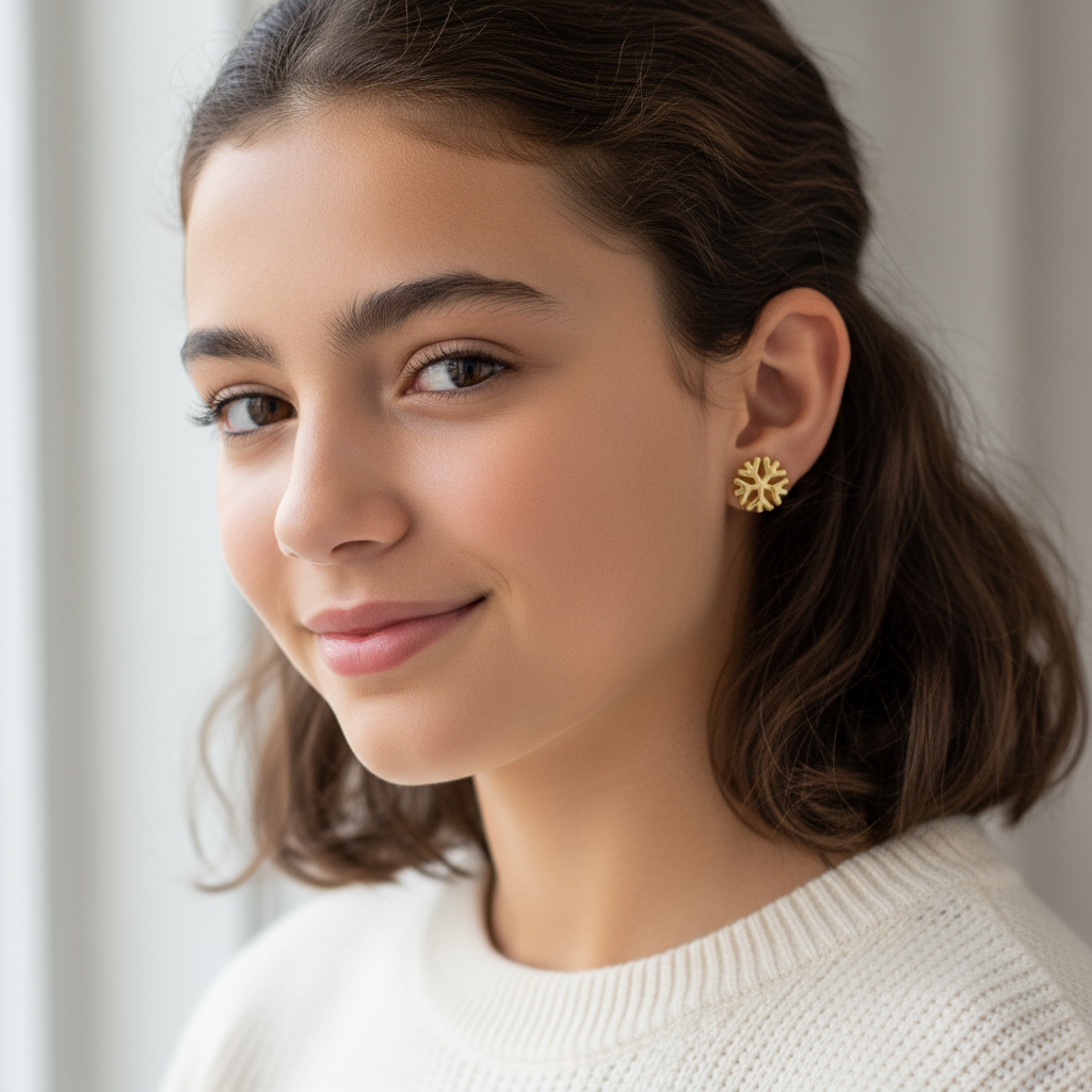 Girl wearing gold snowflake earrings with a neutral background
