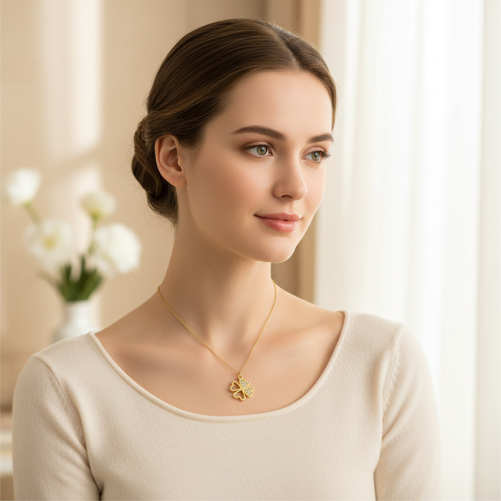 Woman wearing a gold necklace with a delicate four leaf clover pendant in a softly lit room.