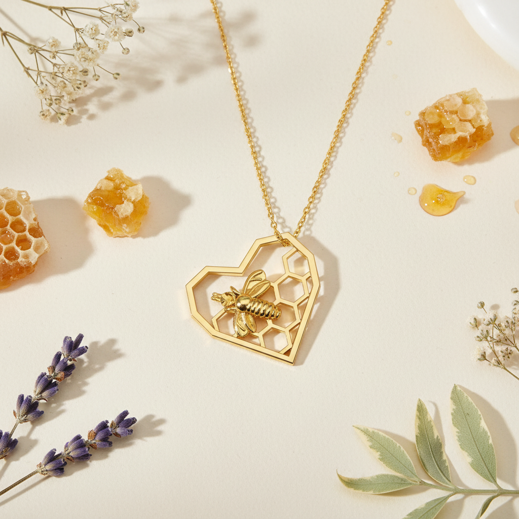 Gold honeycomb necklace with bee pendant on a light background with honeycomb pieces and flowers.