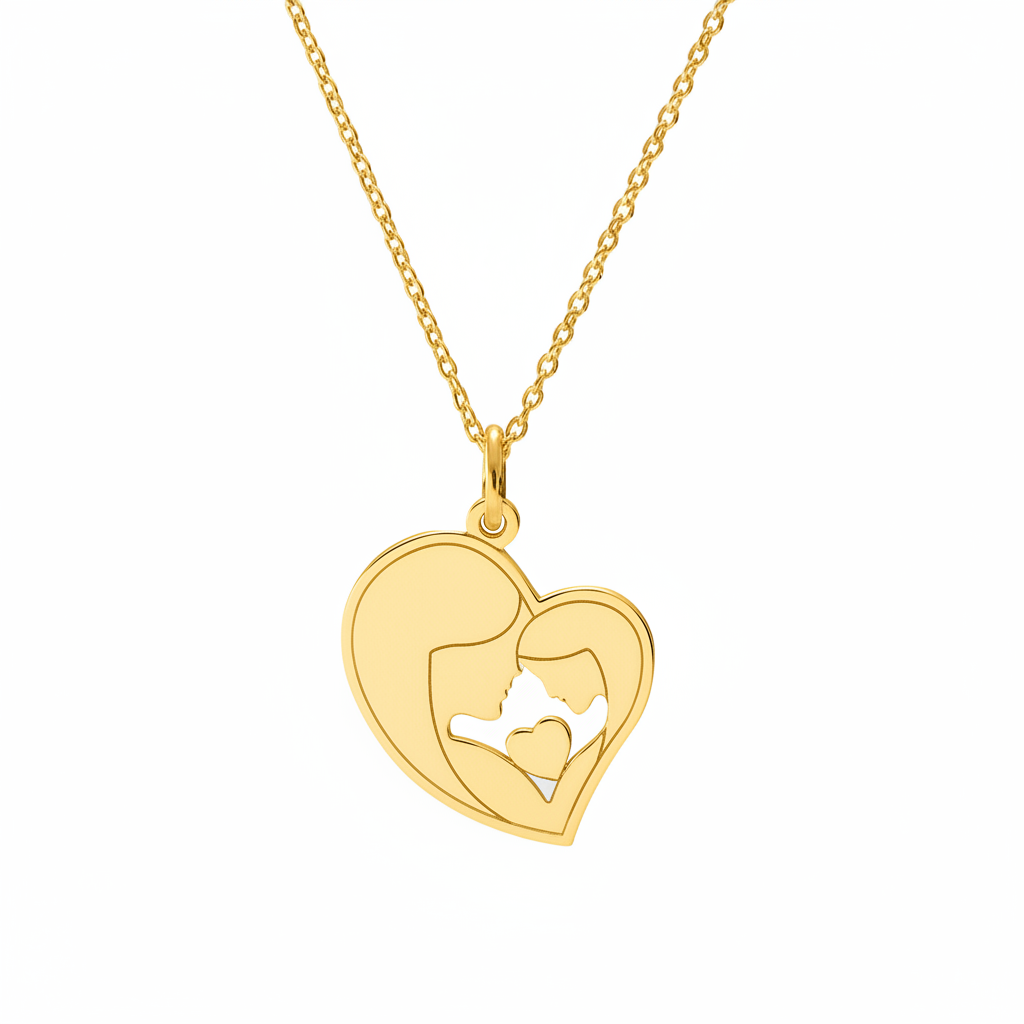 A heart pendat with a mother and daughter design, made in gold plated sterling silver by Magpie Gems in Ireland. 