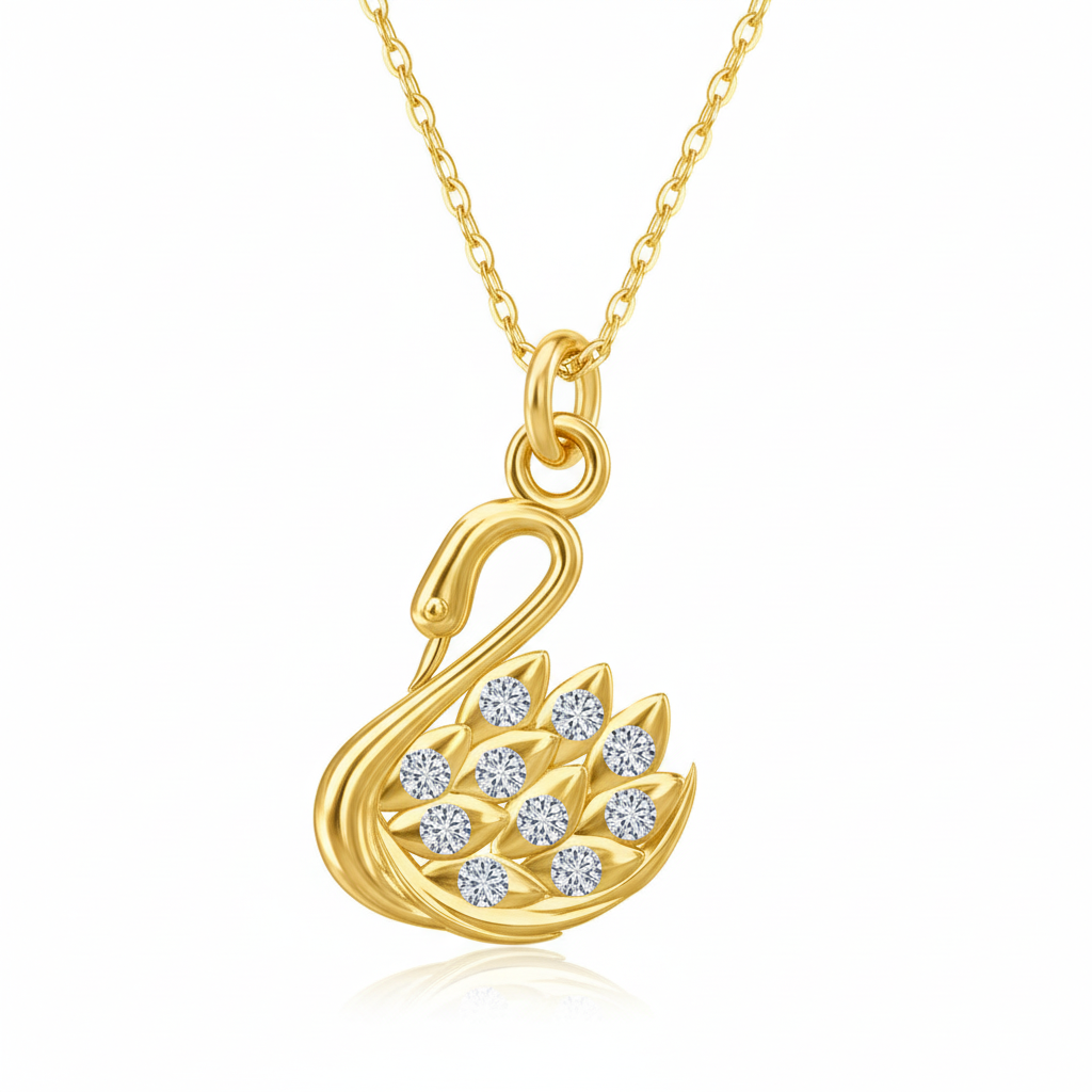 Gold swan pendant necklace with clear crystal stones on a white background