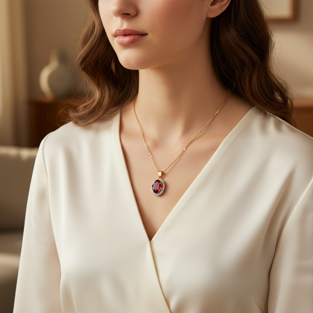Woman wearing a gold-plated sterling silver necklace with an oval red crystal pendant, elegant handcrafted jewellery by Magpie Gems.
