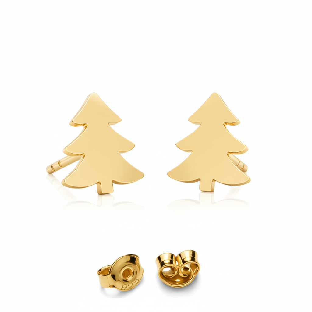 Gold tree-shaped earrings on a white background