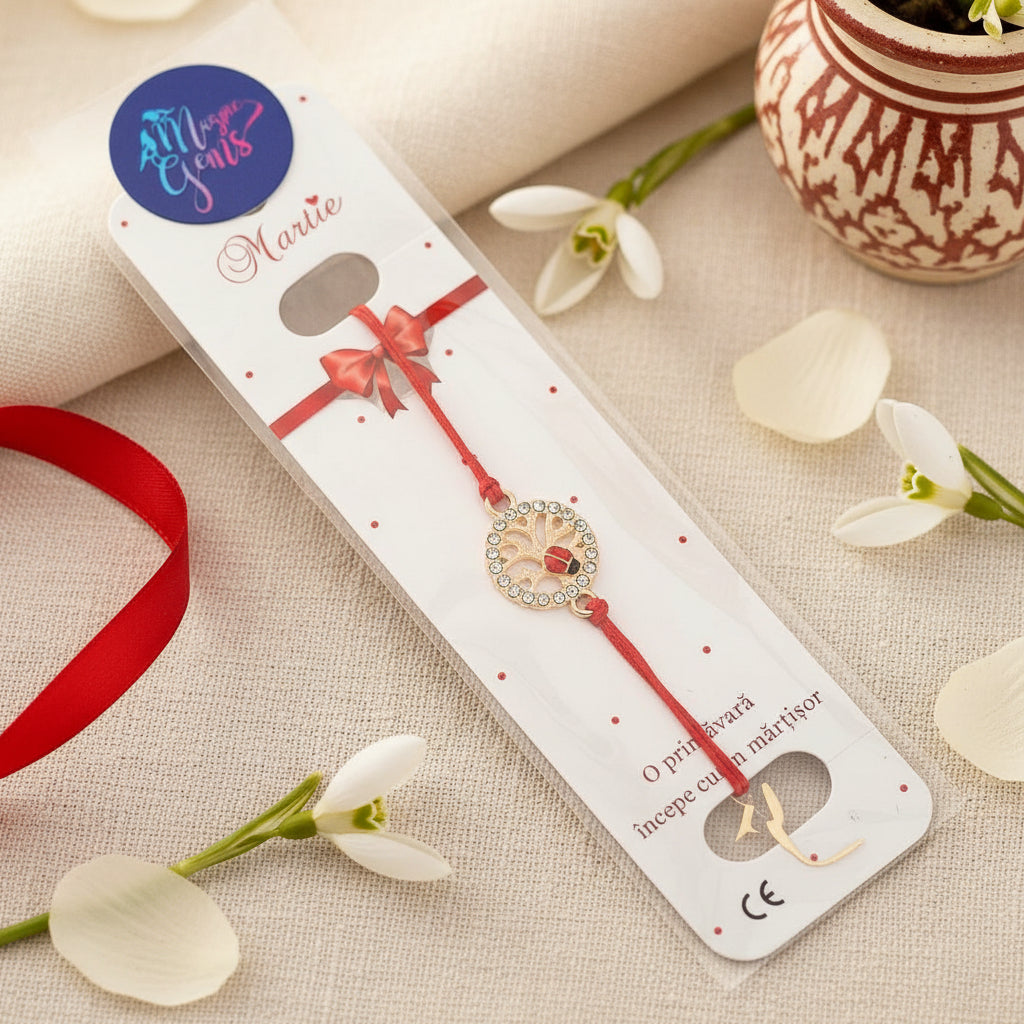 The 'Vitality Spark' Martisor Bracelet presented on a card, nestled in a clear bag, perfect for gifting to symbolise growth and fortune.