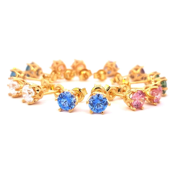 Group display of 7 gold-plated Cubic Zirconia stud earring colours