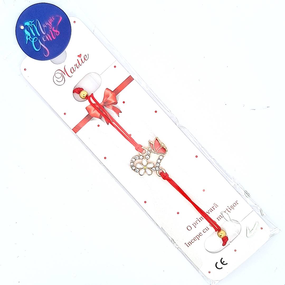 The 'Spring Harmony' Martisor Bracelet elegantly placed on a branded card inside a transparent bag, ready for gifting on the 1st of March, with the red butterfly and flower charms highlighted against the white packaging.