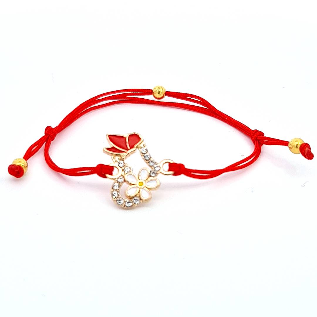 Charming 'Spring Harmony' Martisor Bracelet with a crystal-studded heart, flower, and red butterfly charm on a red adjustable macramé cord, set against a white background for clarity.