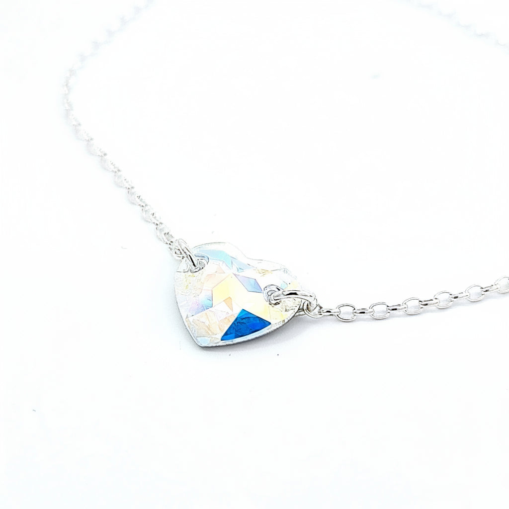 Close-up of Crystal Heart Link on Sterling Silver Anklet for Women with a Crystal AB Heart