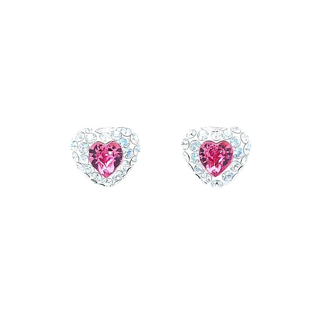 Stylish Heart Pave Stud Earrings in Nickel-Free Sterling Silver with Austrian Crystals - Sparkling and Passionate Jewelry from Magpie Gems