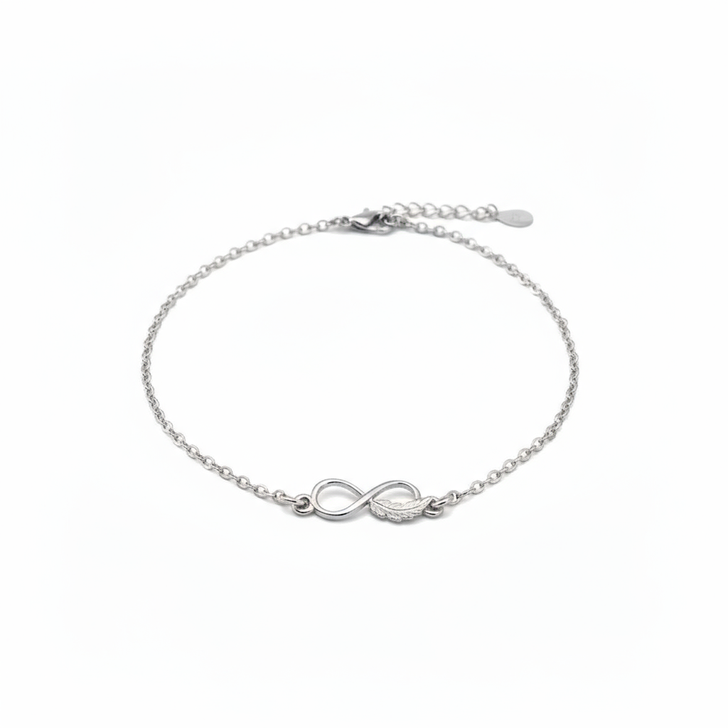 Silver infinity with feather bracelet on a white background