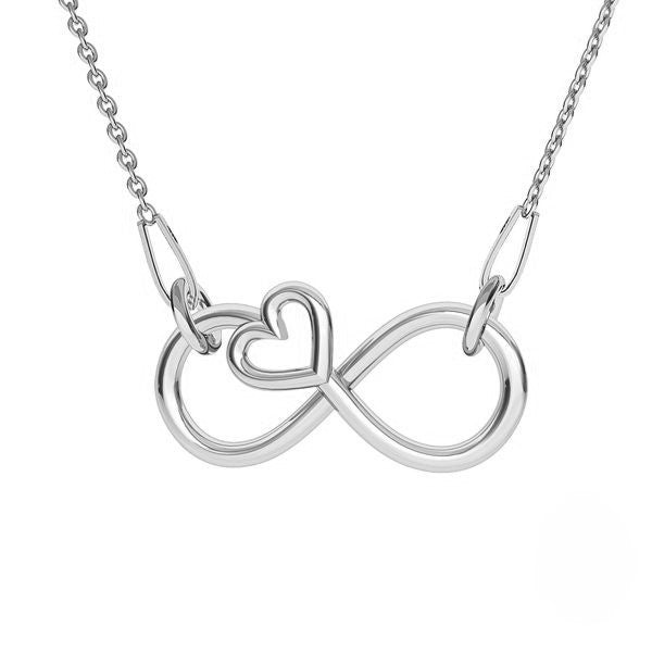 Infinity Reflection Necklace in Sterling Silver – An elegant infinity symbol intertwined with a delicate heart, hanging from a silver chain.