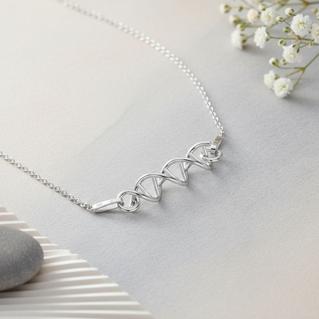 Silver DNA necklace on a light gray surface with white flowers and stones.
