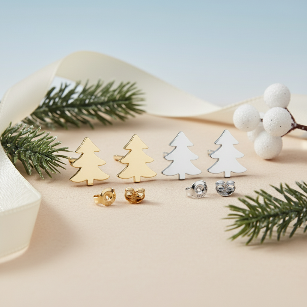 Festive Christmas Tree Sterling Silver Stud Earrings