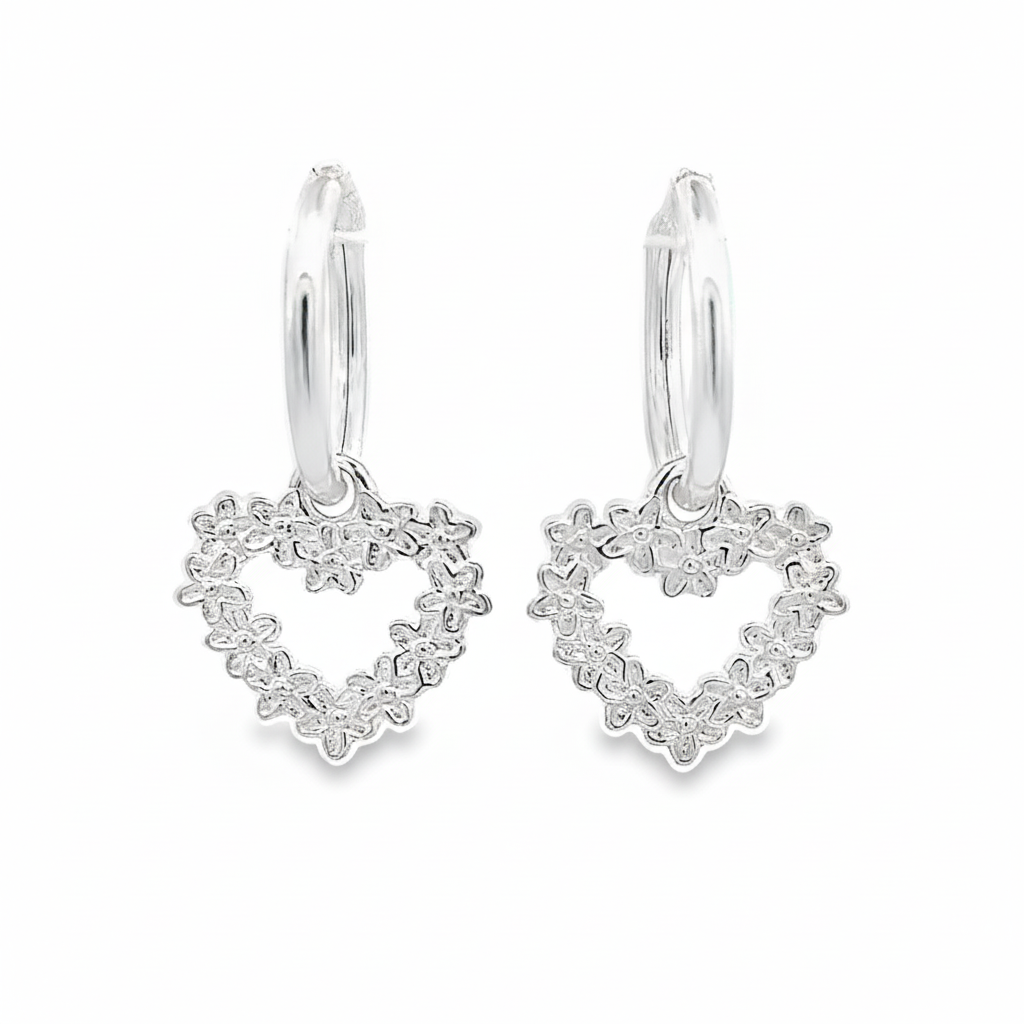 Irish Hand-Finished Sterling Silver Hoop Earrings with Heart and Forget-Me-Not Flowers Charm for Women or Teenager Girls