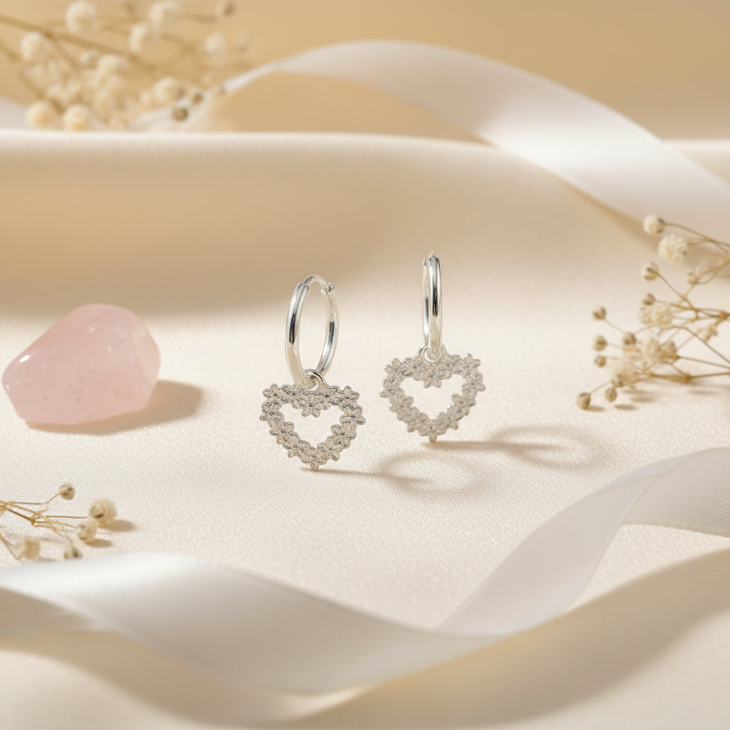 Hand-Finished Sterling Silver Hoop Earrings with Heart and Forget-Me-Not Flowers Charm
