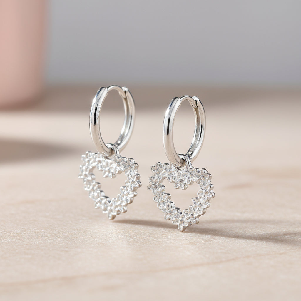 Heart with Forget-Me-Not Flowers Charm Hoop Earrings in Sterling Silver