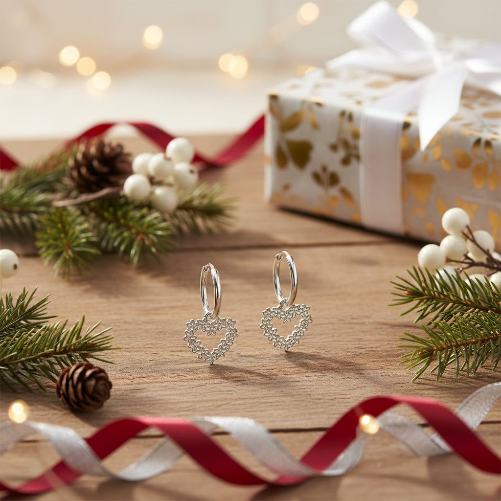 Side view of Heart with Forget-Me-Not Flowers Charm Hoop Earrings