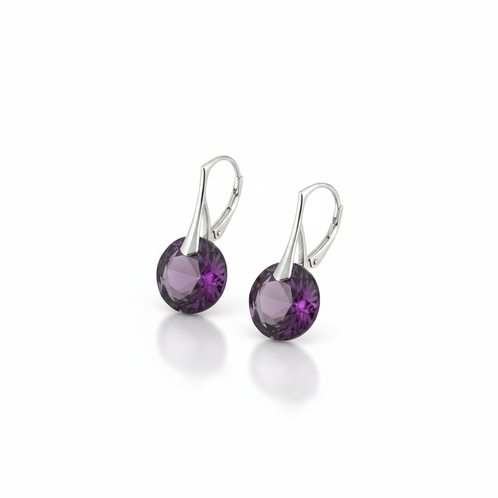 February or Aquarius Amethyst Birthstone Silver Leverback Earrings