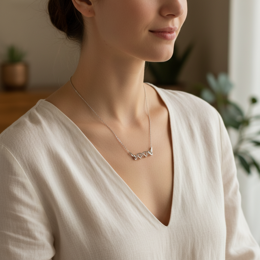 Woman wearing a delicate silver DNA necklace with a blurred background