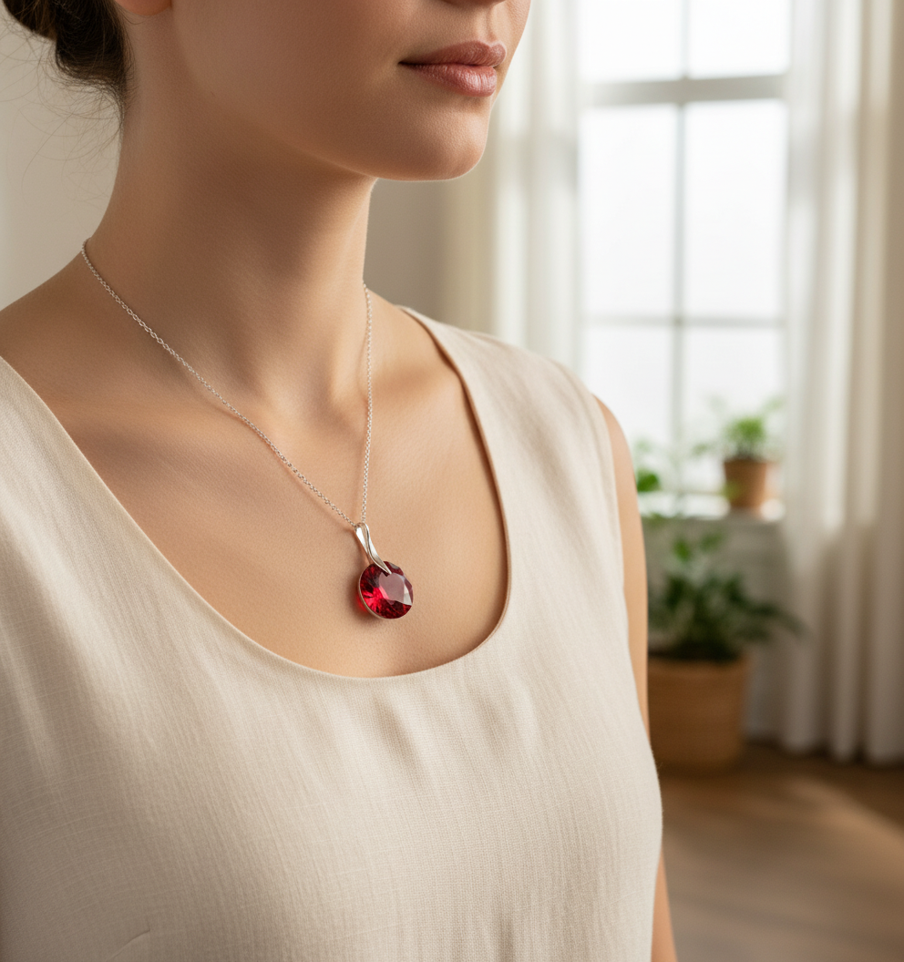 Woman wearing a necklace with a red pendant in a softly lit room.
