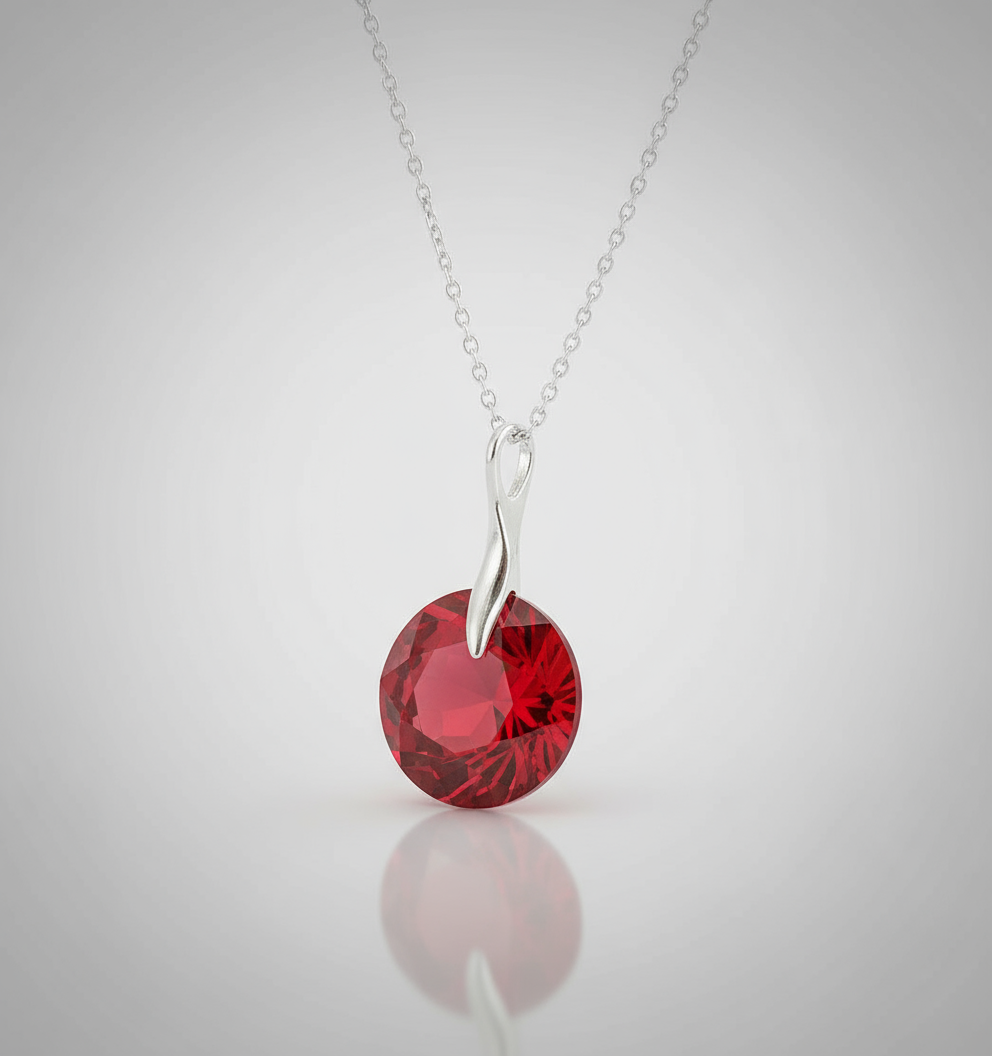 Light Siam red crystal July birthstone necklace with 45cm sterling silver chain by Magpie Gems.
