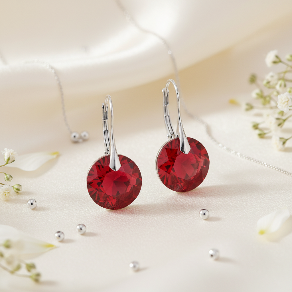 Red earrings with silver hooks on a light background, as july birthstone earrings.