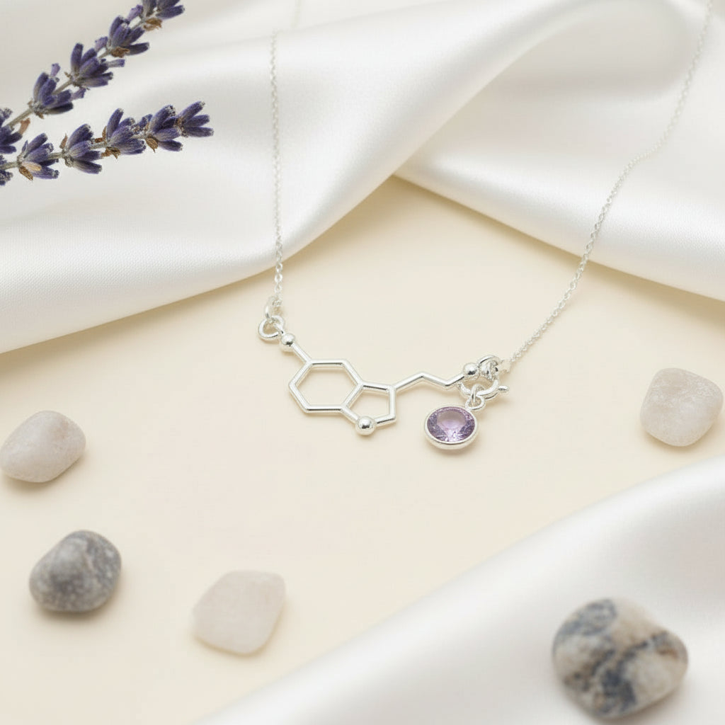 Be Happy Necklace | 925 Sterling Silver Serotonin Molecule Pendant with Detachable Birthstone