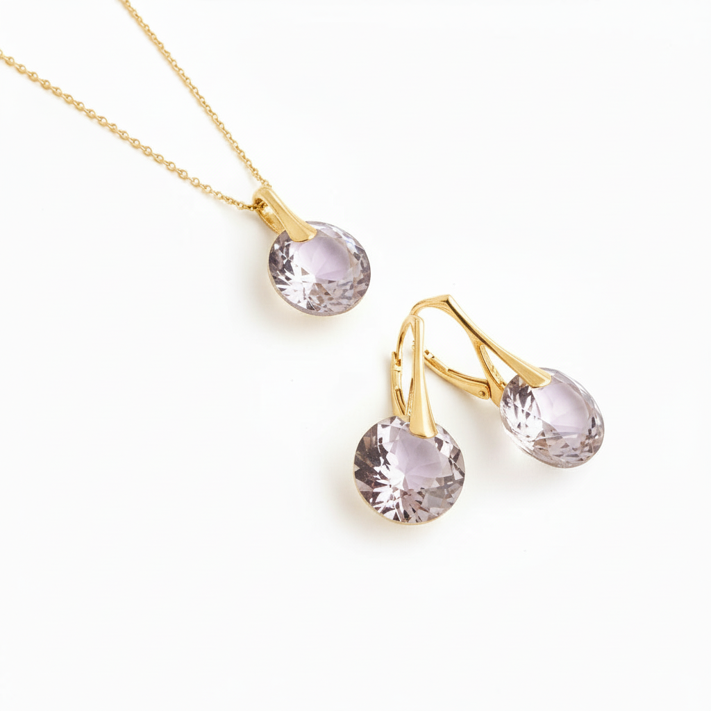 June or Gemini birthstone jewellery set featuring Light Amethyst crystal pendant and matching earrings in gold over sterling silver by Magpie Gems
