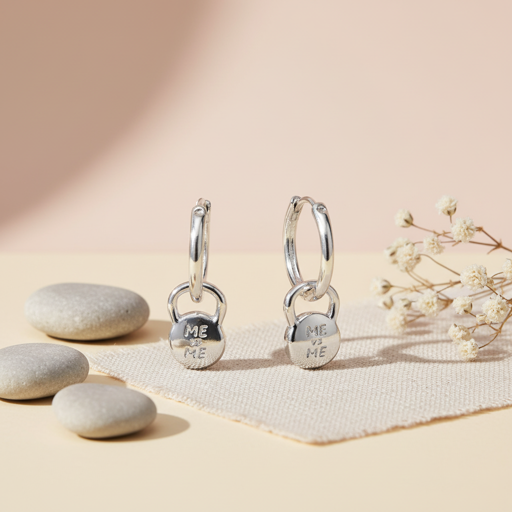 Hand-Finished Sterling Silver Hoop Earrings with Kettlebell Charm