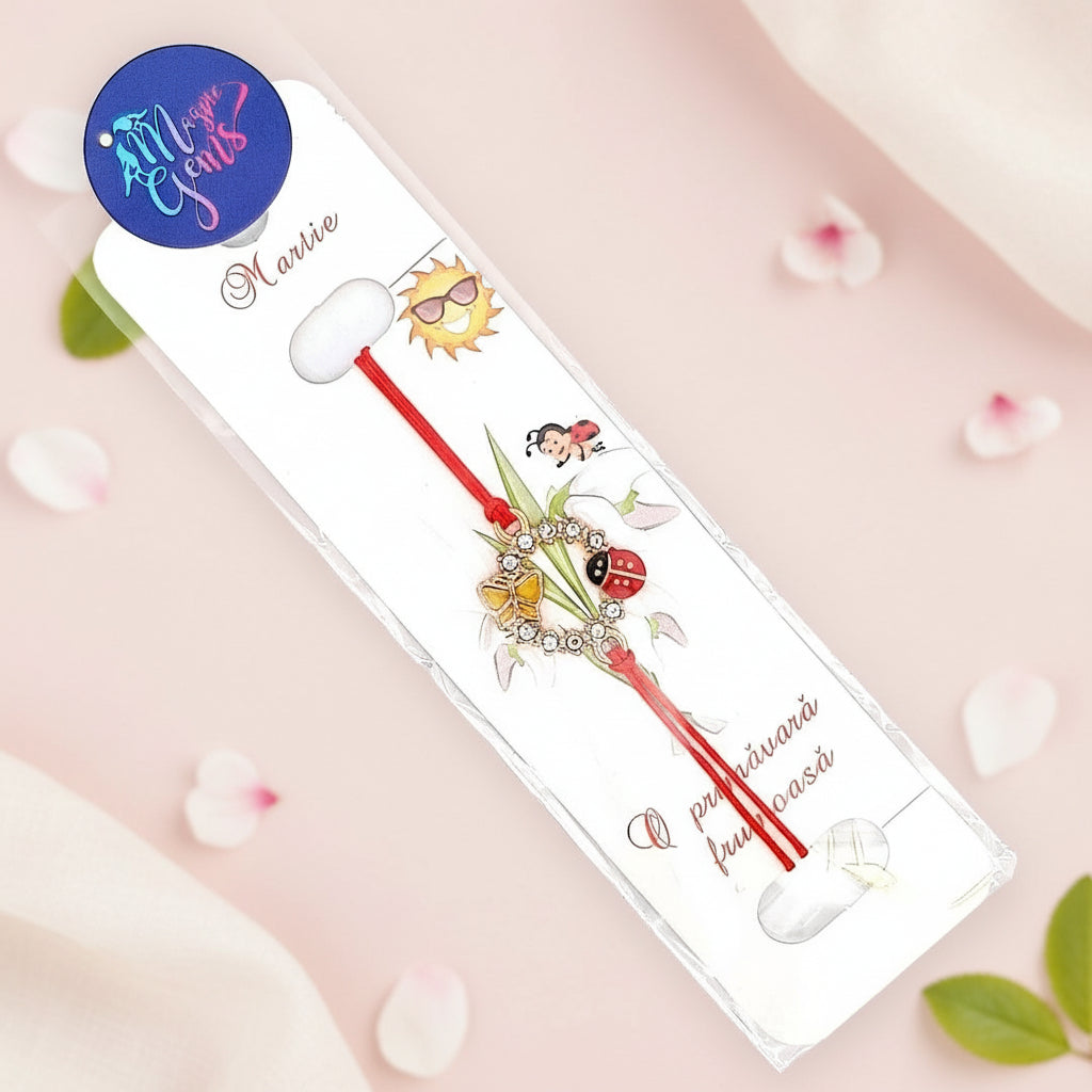 The 'Spring's Promise' Martisor Bracelet elegantly displayed on a presentation card, encased in a clear bag, ideal for 1st of March gifting.