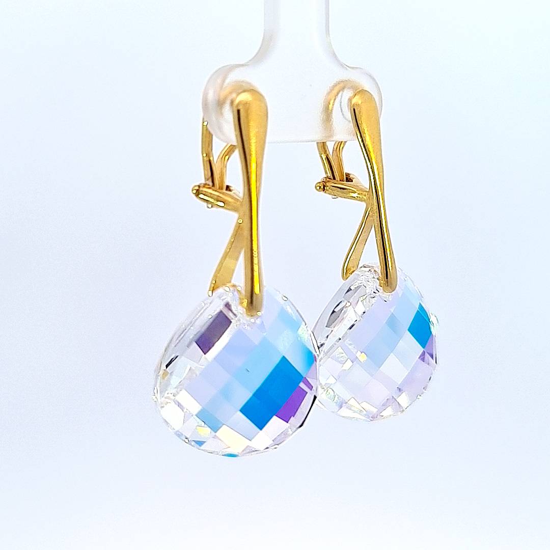 Side view of Luminous Radiance Gold Clip-On Earrings, showing the multi-coloured reflection of Crystal AB crystals.