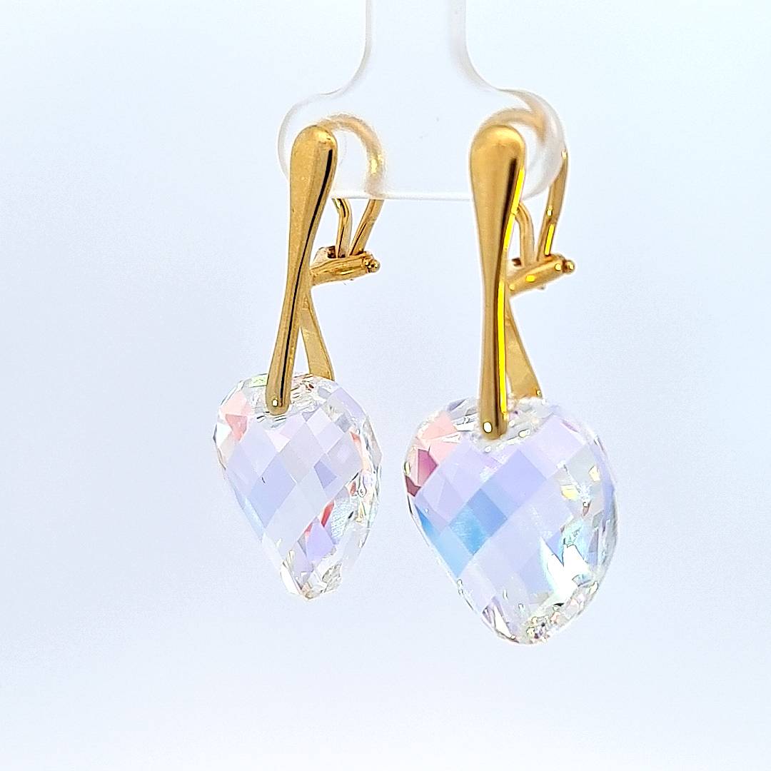 Side view of Luminous Radiance Gold Clip-On Earrings, showing the multi-coloured reflection of Crystal AB crystals.