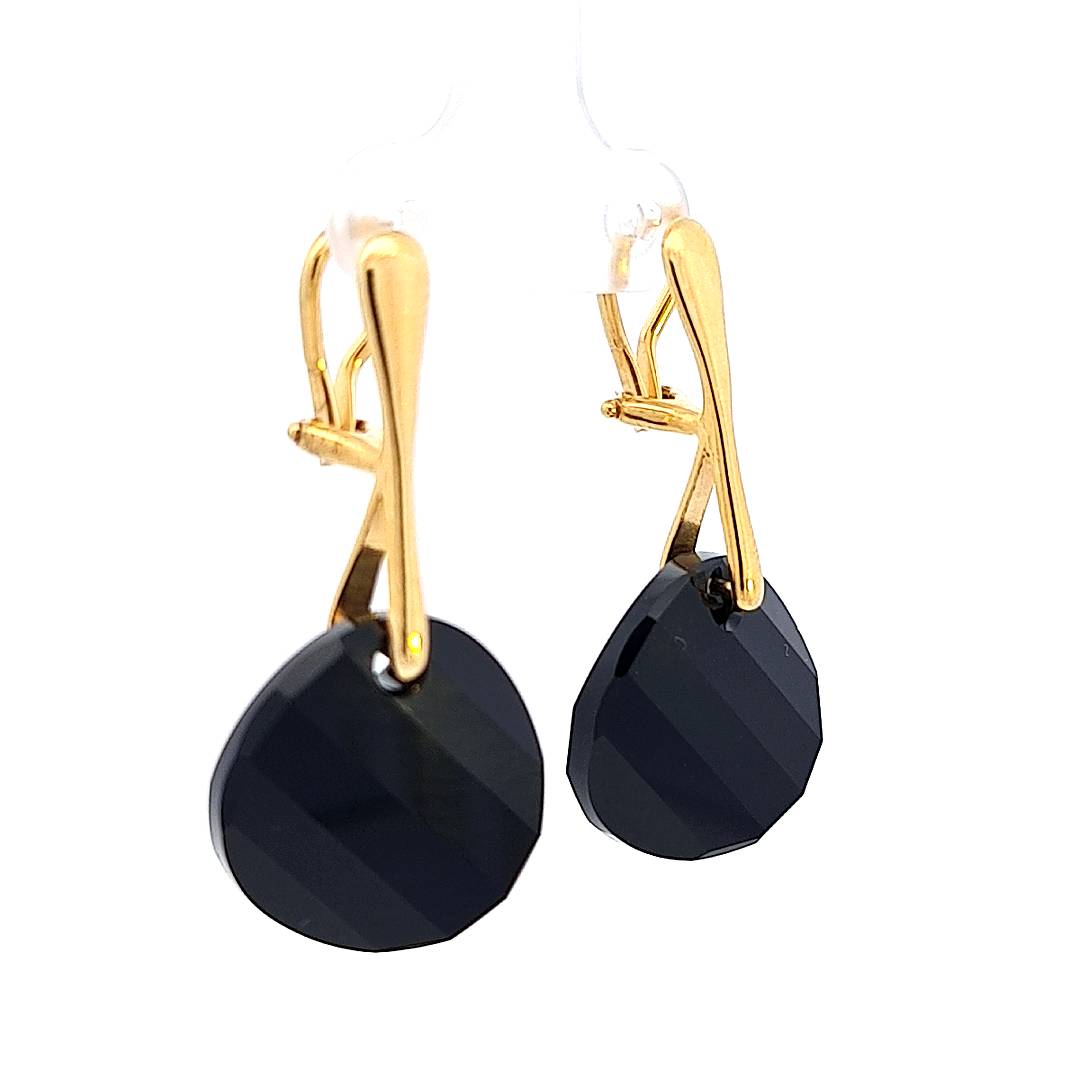 Side view of Midnight Elegance Gold Clip-On Earrings, showcasing the depth of the Jet Black crystals.