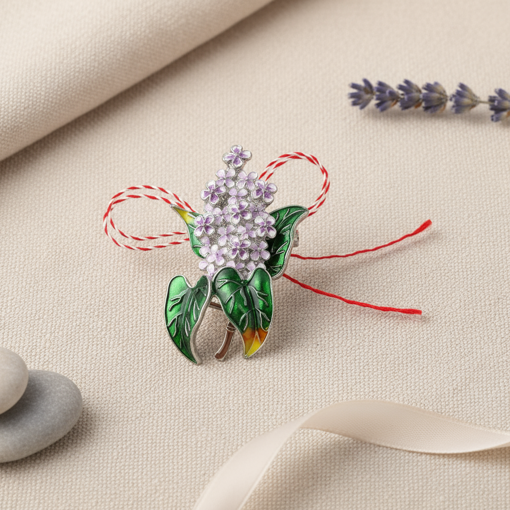 Elegant Lilac Flower Martisor Brooch with Red and White Bow – A Symbol of Renewal