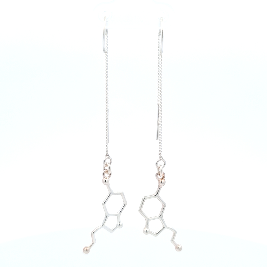 Serotonin Molecule Earrings with sterling silver long drop pull through ear chain displayed on a pristine white background, highlighting their exquisite craftsmanship.