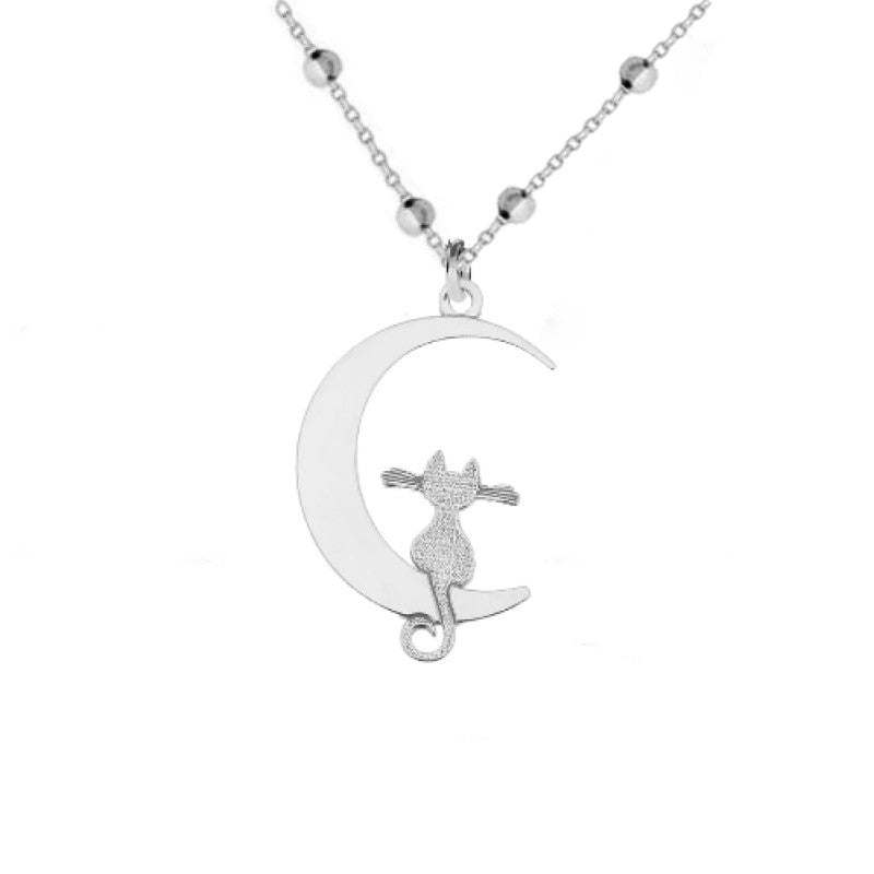 Magpie Gems' Luna's Whisper pendant close-up - nickel-free sterling silver cat silhouetted against a crescent moon, with an elegant 45cm sterling silver chain with reflective silver balls, the perfect gift for the curious soul.