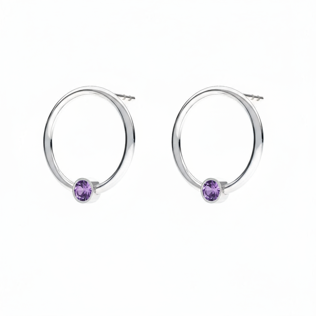 February birthstone circle earrings in sterling silver with purple Amethyst crystal, handcrafted by Magpie Gems Ireland