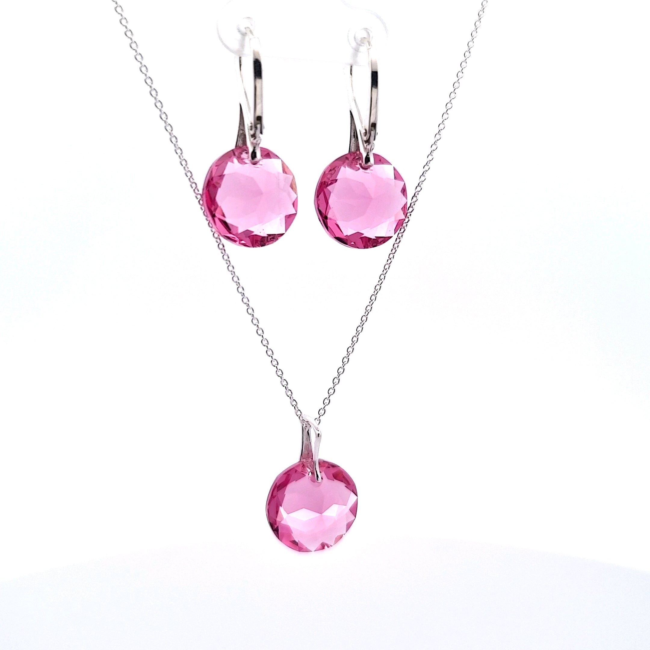 Sterling silver October birthstone jewellery set with 14mm Rose Austrian crystal drop earrings and matching pendant for women, handcrafted in Ireland by Magpie Gems.