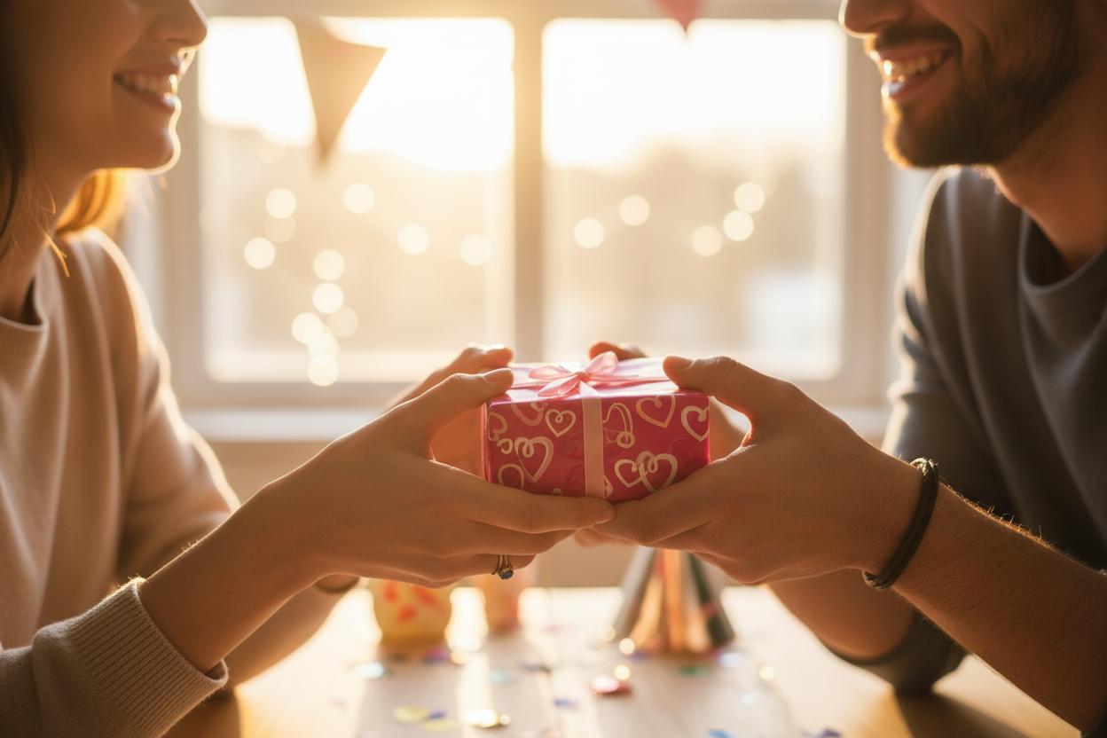 A heartfelt moment as a man offers a woman a pink jewellery gift box, symbolising personalised gifts handcrafted in Ireland by Magpie Gems.