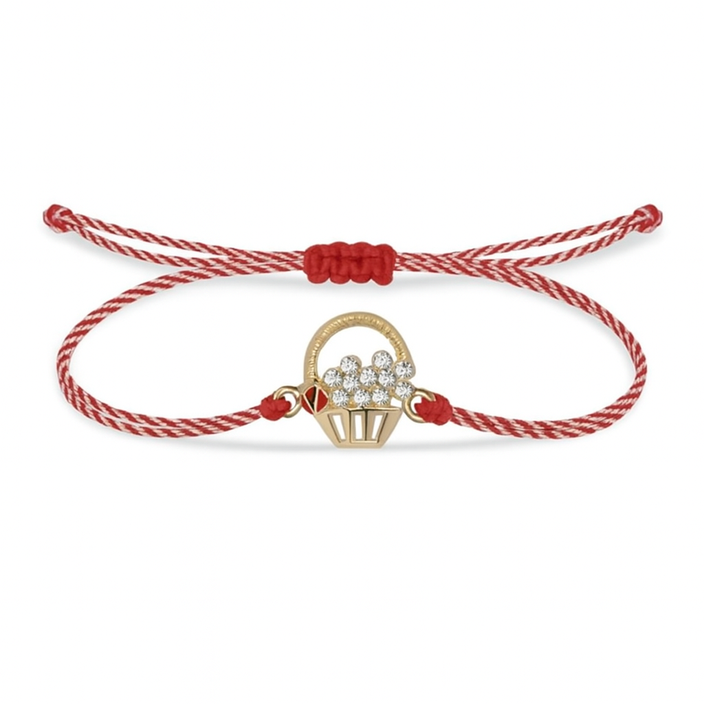 Mărțișor bracelet with flower basket charm on red & white cord – Magpie Gems Martisor Ireland.