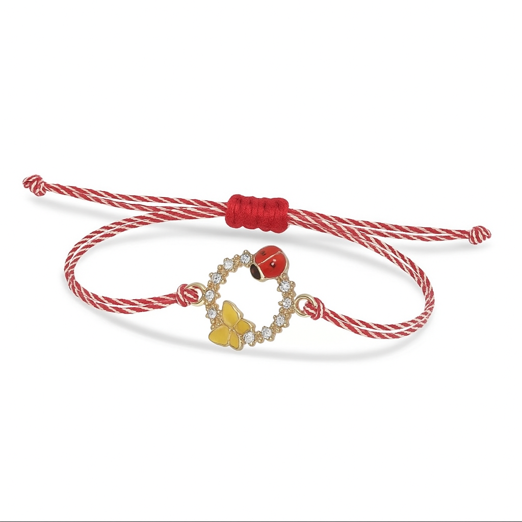 Mărțișor bracelet with butterfly and ladybird circle charm on red & white cord – Magpie Gems Martisor in Ireland.