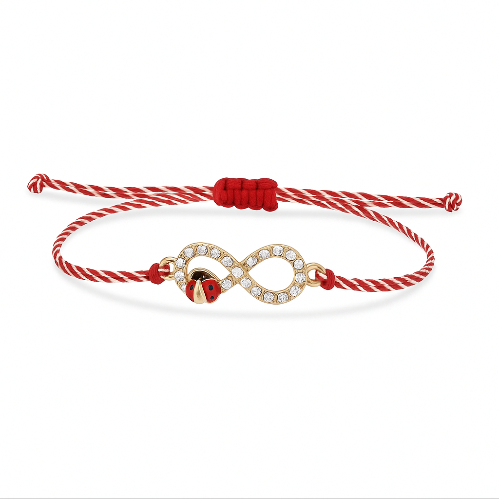 Mărțișor bracelet with crystal infinity and ladybird charm on red & white braided cord – Magpie Gems Martisor in Ireland