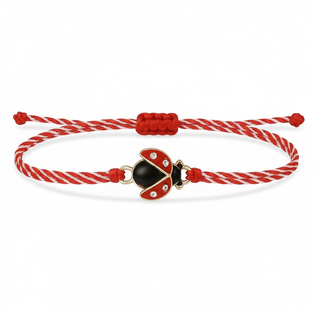 Mărțișor bracelet with large ladybird charm on red & white cord – Magpie Gems Martisor Ireland