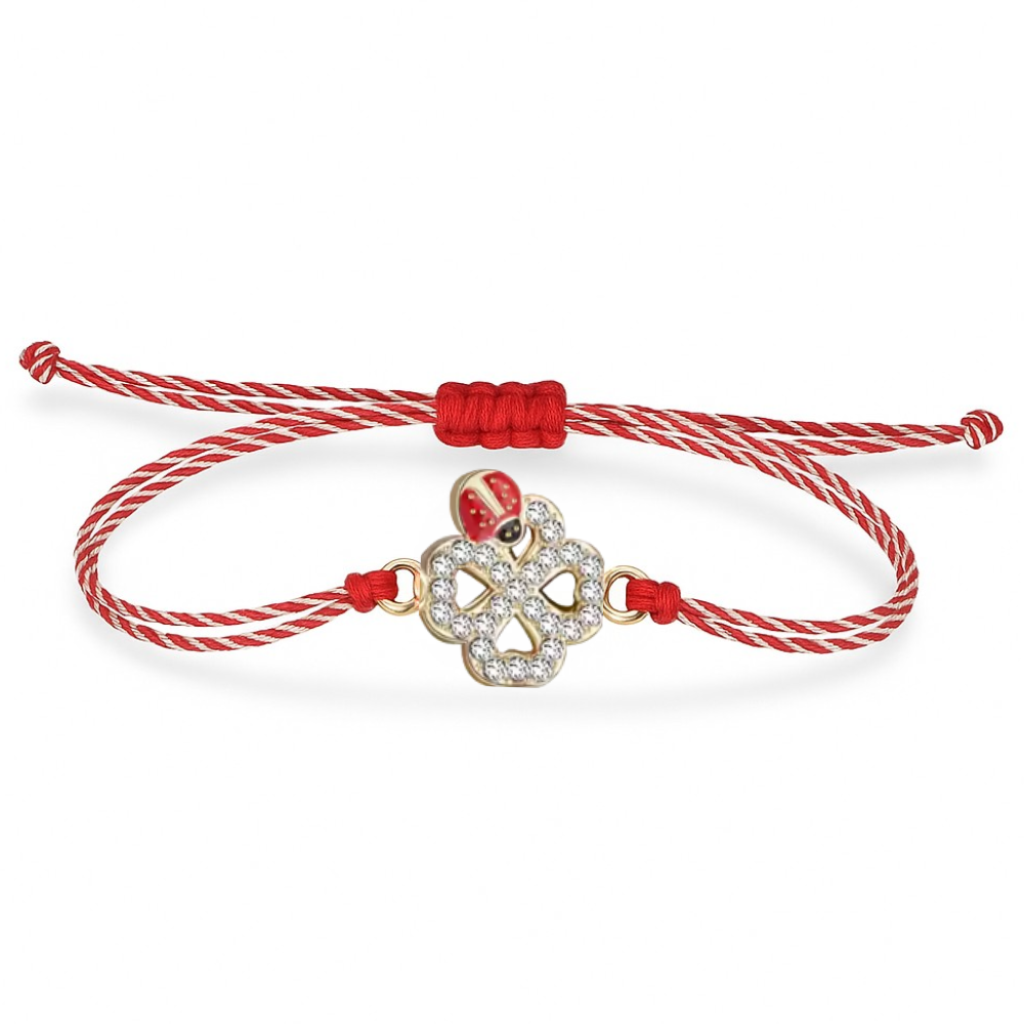 Mărțișor bracelet with crystal clover and ladybird charm on red & white cord – Magpie Gems Martisor Ireland
