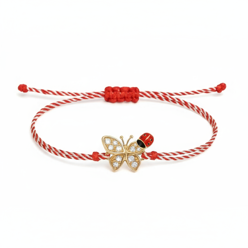 Mărțișor bracelet with butterfly and ladybird charm on red & white cord – Magpie Gems Martisor Ireland