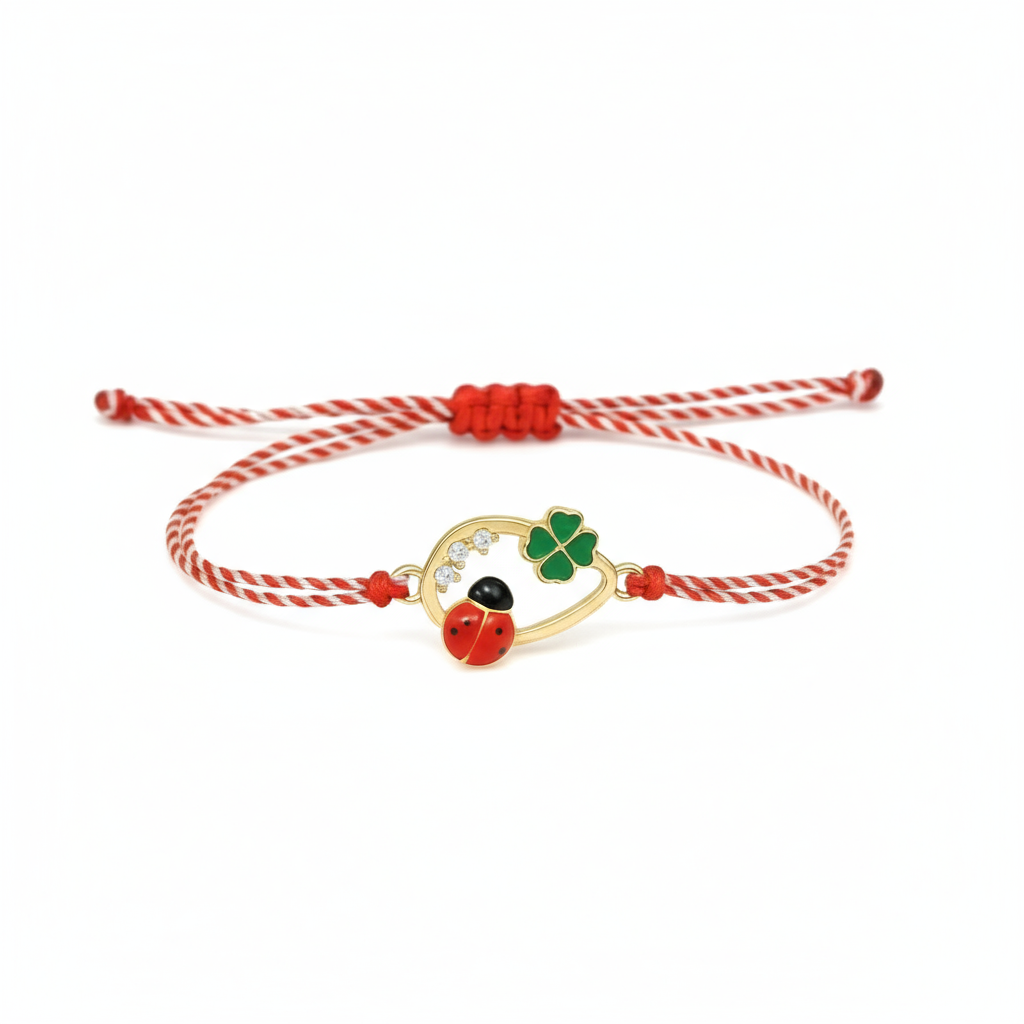 Mărțișor bracelet with four leaf clover, rhinestones and ladybird charm on red & white cord – Magpie Gems Martisor Ireland